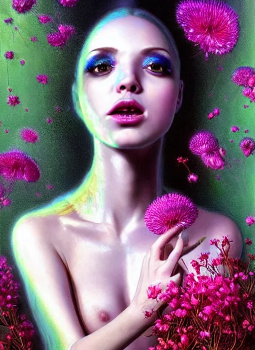 Image similar to hyper detailed 3d render like a chiariscuro Oil painting with depth - Aurora (Singer) looking adorable and seen in attractive dynamic pose joyfully Eating of the fine Strangling network of thin yellowcake aerochrome and milky Fruit and Her delicate Hands hold of gossamer polyp blossoms bring iridescent fungal flowers whose spores black the foolish stars to her smirking mouth by Jacek Yerka, Mariusz Lewandowski, Houdini algorithmic generative render, Abstract brush strokes, Masterpiece, Edward Hopper and James Gilleard, Zdzislaw Beksinski, Mark Ryden, Wolfgang Lettl, hints of Yayoi Kasuma, octane render, 8k