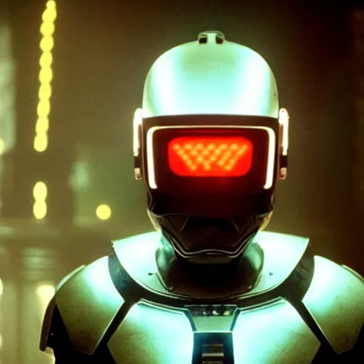 Prompt: movie still of a man with a glowing cyborg helmet, cinematic composition, cinematic light, by edgar wright and david lynch