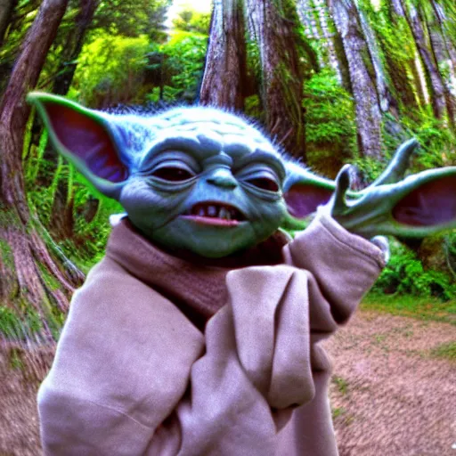 Image similar to Yoda waving towards the camera, photograph, fisheye lens