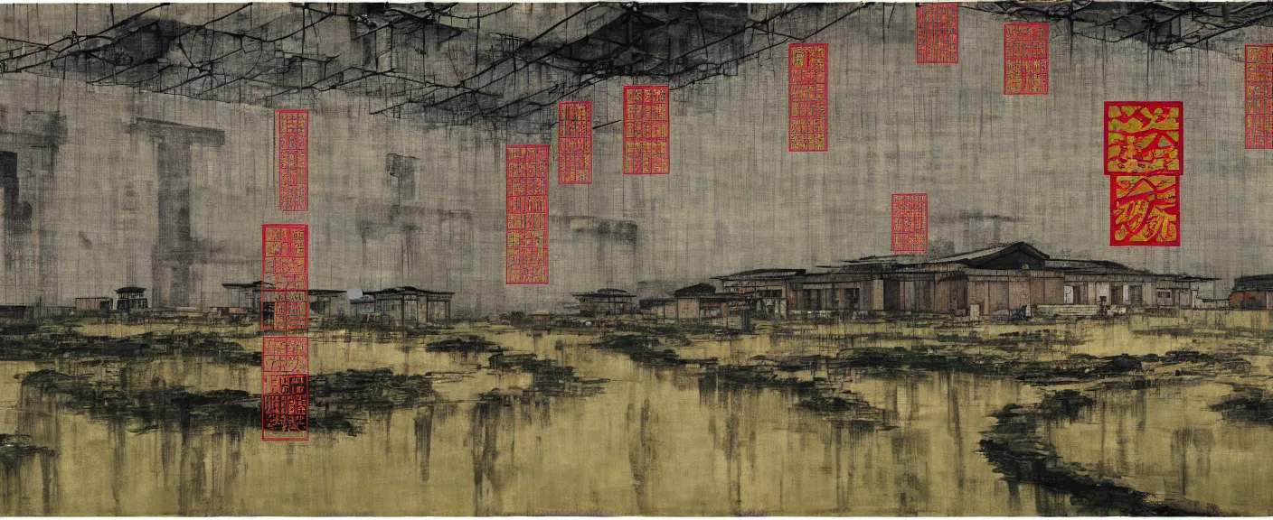 Image similar to a chinese prison near a river by peter doig, muted colors, overlaid with chinese adverts