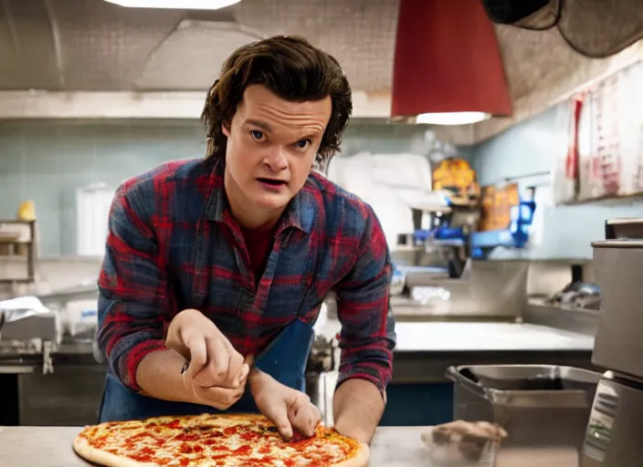 Prompt: Film Still of Steve Harrington working in a pizza parlor making pizza in the new Stranger Things episode, 4k