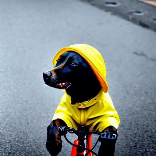 Image similar to a dog with a yellow hat riding a bike while raining