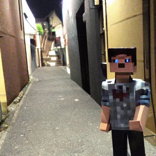 Prompt: Steve from Minecraft with glowing eyes standing in a very dark alley, staring at the camera, motionless. Award winning, high resolution, realistic