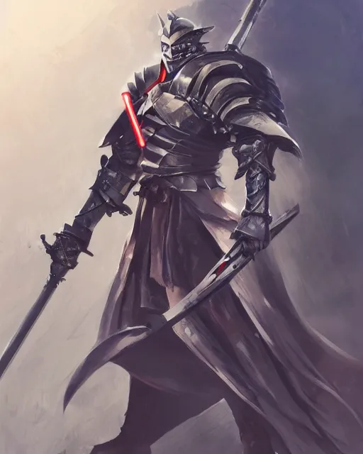 Image similar to an anime portait shogun knight with a lightsaber halberd, dark metal armor, and a tattered cape, by stanley artgerm lau, wlop, rossdraws, james jean, andrei riabovitchev, marc simonetti, and sakimichan, trending on artstation