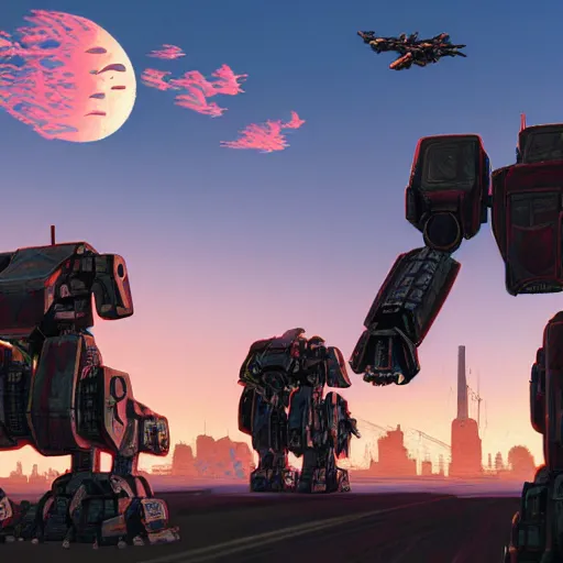 Image similar to Realistic giant mechwarrior robot and the sunset in the distance, by Josan Gonzalez and Geof Darrow, highly detailed, Unreal Engine Render, 3D, 8k wallpaper