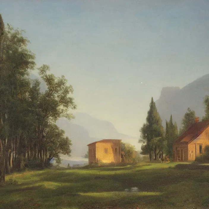 Image similar to a building in a serene landscape, romanticism art