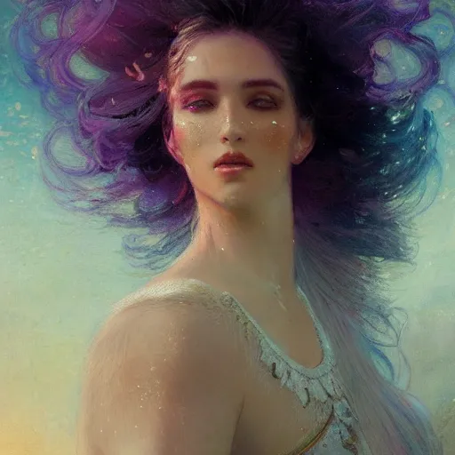 Prompt: god, non-binary, white hair, long hair, illustrated by Gaston Bussiere and Greg Rutkowski, beautiful dappled lighting, gorgeous volumetric lighting, a beautiful side-portrait image, inspirational artwork, intricate, brightly colored, vividly enhanced, trending on artstation