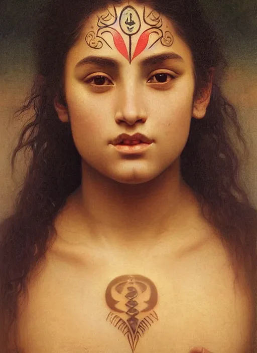 Prompt: portrait of beautiful young angelic Maori female model, with facial tattoo, golden hour lighting William Adolphe Bouguereau, C F Goldie, Gottfried Lindauer