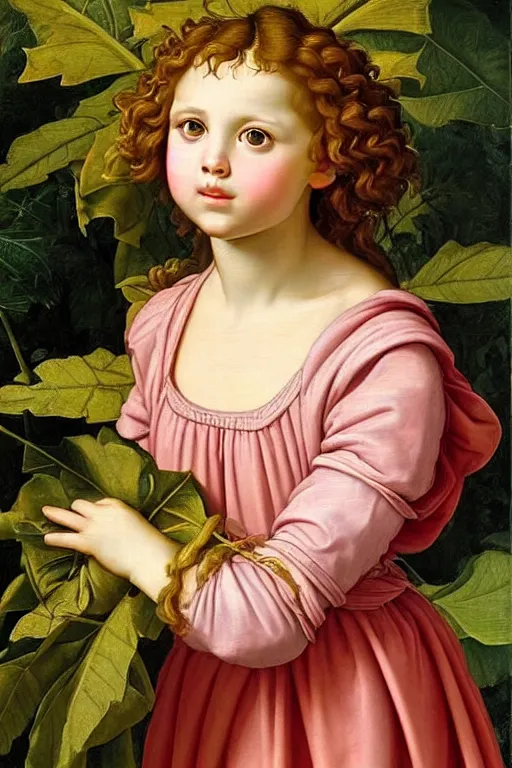 Image similar to renaissance painting of young girl in the garden, closeup, curly long hair, face closeup, emotions closeup, dressed in roman armour, the beautiful garden with maple leaves everywhere, ultra detailed, art by guido reni style, vincenzo catena style