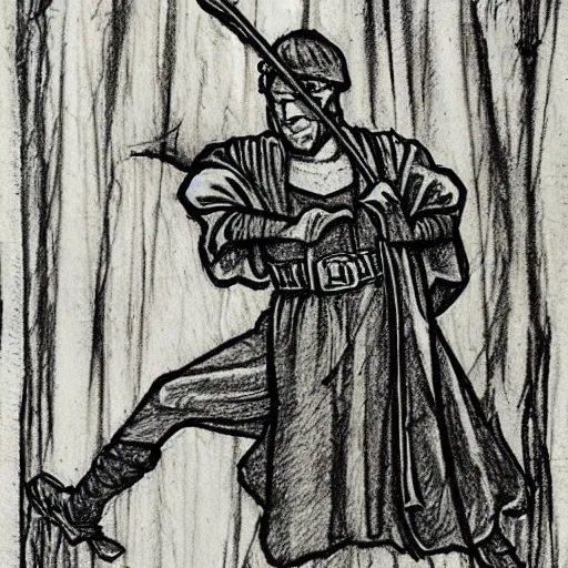 Image similar to Robin Hood stamp in medieval style, ink outline, charcoal on paper, ex libris