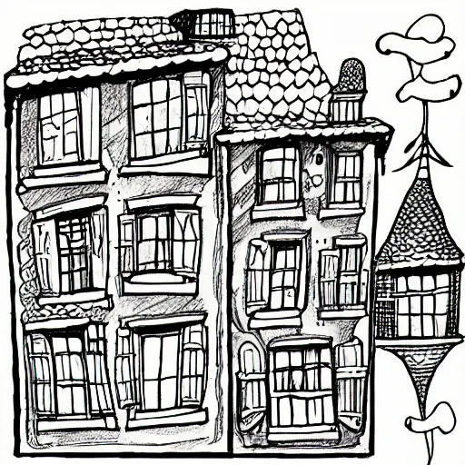 Image similar to a drawing of a house with lots of windows, a storybook illustration by dr seuss, tumblr, psychedelic art, concept art, storybook illustration, whimsical