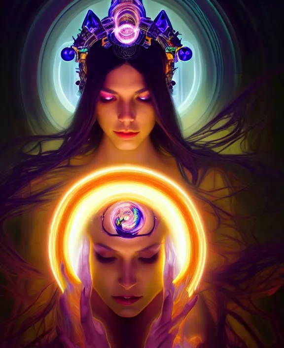 Image similar to a whirlwind of souls rushing inside the metaverse, half body, glowin eyes, tiara with sapphire, pharaoh, android, cyberpunk, d & d, fantasy, intricate, elegant, highly detailed, colorful, vivid color, digital painting, artstation, concept art, art by artgerm and greg rutkowski and alphonse mucha and ruan jia