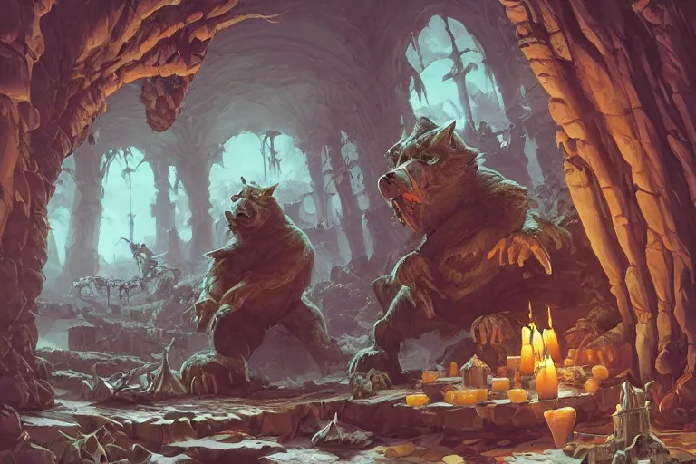 Prompt: point perspective dungeon dangerous fantasy dungeon the chubby werewolf merchant Trinn is selling fuzzy candles,by artgerm and Craig Mullins, James Jean, Andrey Ryabovichev, Mark Simonetti and Peter Morbacher 16k