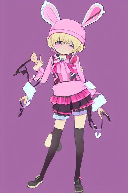 Prompt: a vrchat avatar girl with fuzzy bunny ears, whiskers like a cat, and a big pink beret, anime style, cel shaded, cute, kawaii, jewelry