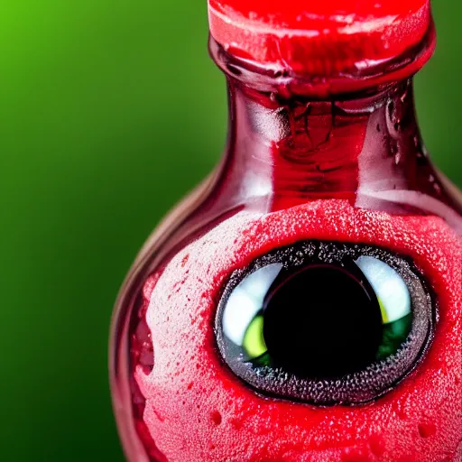 Image similar to a bottle filled with opaque, red slime and eyes