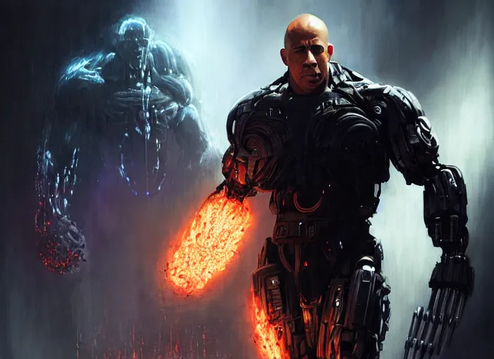 Image similar to vin diesel as victor stone, full body concept, cyborg, borg, strogg, face of a man, terminator, flesh, quake strogg, doom demon, wolfenstein, monstrous, powerful, symmetry, symmetrical, concept art by ruan jia and greg rutkowski