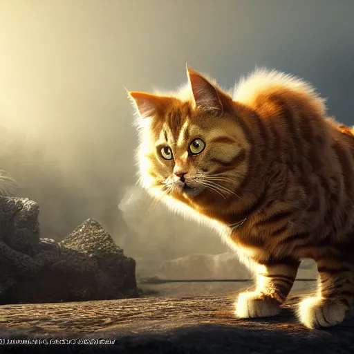 Image similar to colossal fluffy tabby cat going super saiyan, golden hour, fantasy, sharp focus, digital art, hyper realistic, 4 k, unreal engine, highly detailed, hd, dramatic lighting by brom, trending on artstation