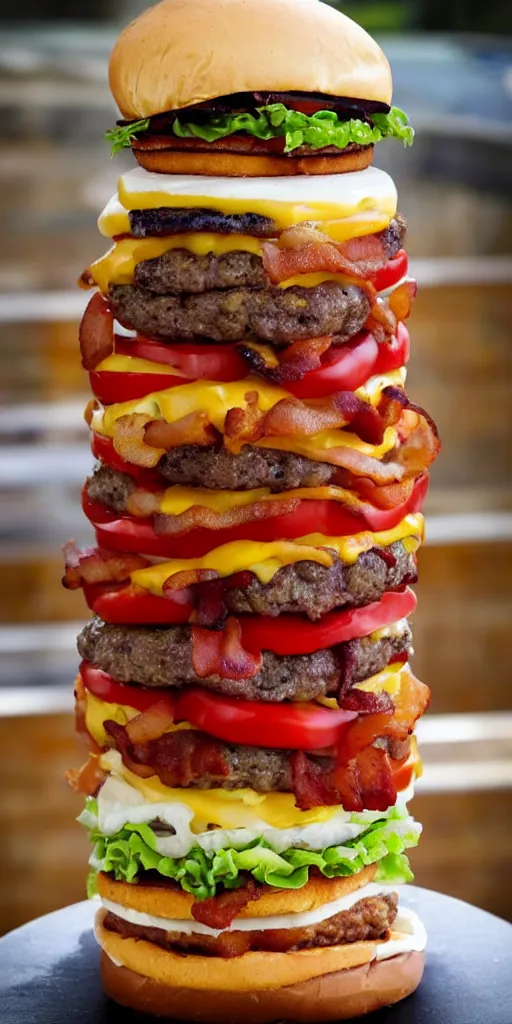 Image similar to a cheeseburger tower made of gigantic stacks of meat patties, bacon, onion rings, tomatoes, lettuce and cheese slices with a bun on each side, delicious looking burger - stack - tower