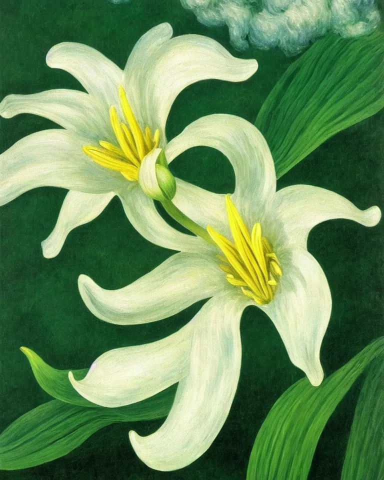 Image similar to achingly beautiful painting of one white lily on green background rene magritte, monet, and turner. piranesi. macro lens.