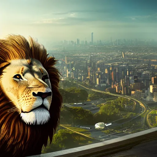 Prompt: a giant lion head looking at a city from above,low-angle shot,photorealiatic,hyperdetailed,hyperrealistic,studio lighting,studio photography,professional photography,professional lighting,detailed face,3 point lighting,4k,digital art,ultra realistic,ultra detailed,art by greg rutkowski,dramatic