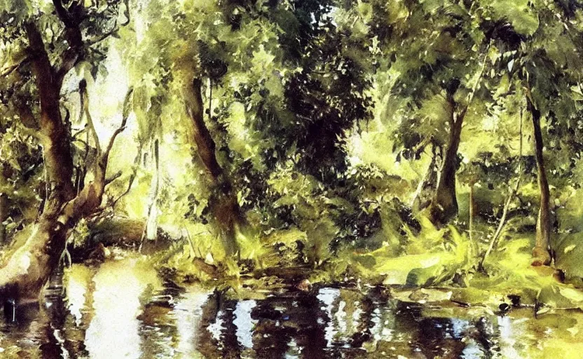 Prompt: oil painting lanscape by anders zorn, jungle nature, fruit trees, very very very very beautiful art, dramatic light, water reflections, aquarelle paint splashes, white painted border