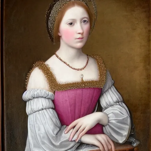 Image similar to portrait of a young lady pink cheeks wearing renaissance dress pale grey and white flowers in the style of renaissance oil painting background renaissance paintings with gold