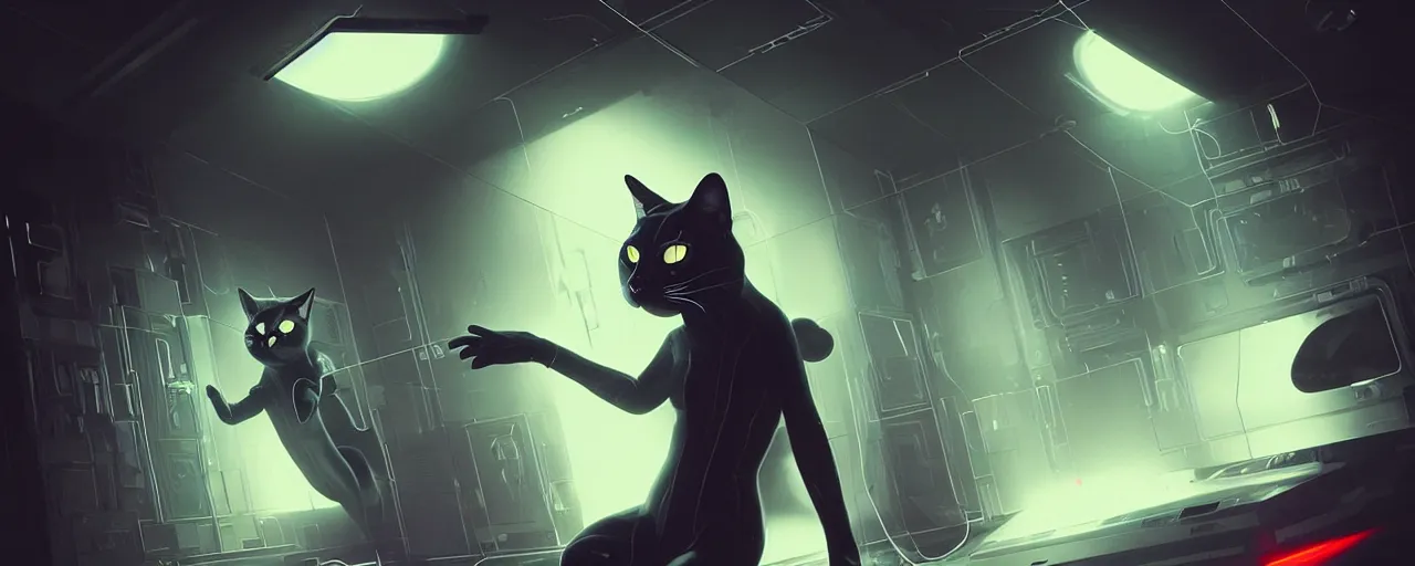 Image similar to duotone noir scifi concept illustration of black cat inside box zero gravity glowing 3 d mesh quantum portals, glowing eyes, octane render, surreal atmosphere, volumentric lighting. accidental renaissance. by sachin teng and sergey kolesov and ruan jia and heng z. graffiti art, scifi, fantasy, hyper detailed. trending on artstation