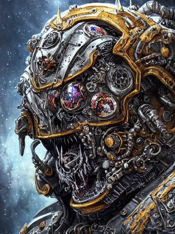 Prompt: portrait art of 8k ultra realistic undead space marine werewolf king, ornate intricate smashed galaxy helmet , detailed intricate ornate armour,blade runner, cybernetic, full of colour, cinematic lighting, battered, trending on artstation, 4k, hyperrealistic, focused, extreme details,unreal engine 5, cinematic, masterpiece, art by ayami kojima, giger