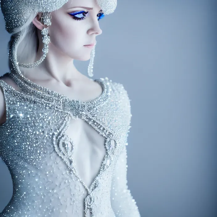 Prompt: photograph of a real-life beautiful ice queen with ornate white dress. Extremely detailed. 8k