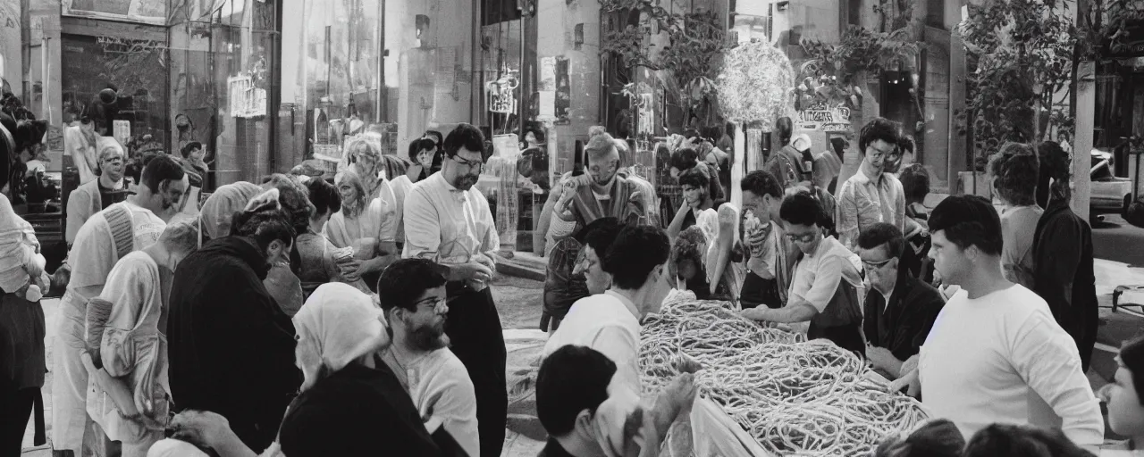 Prompt: a group of people praying to a giant spaghetti deity, canon 5 0 mm, cinematic lighting, photography, retro, film, kodachrome