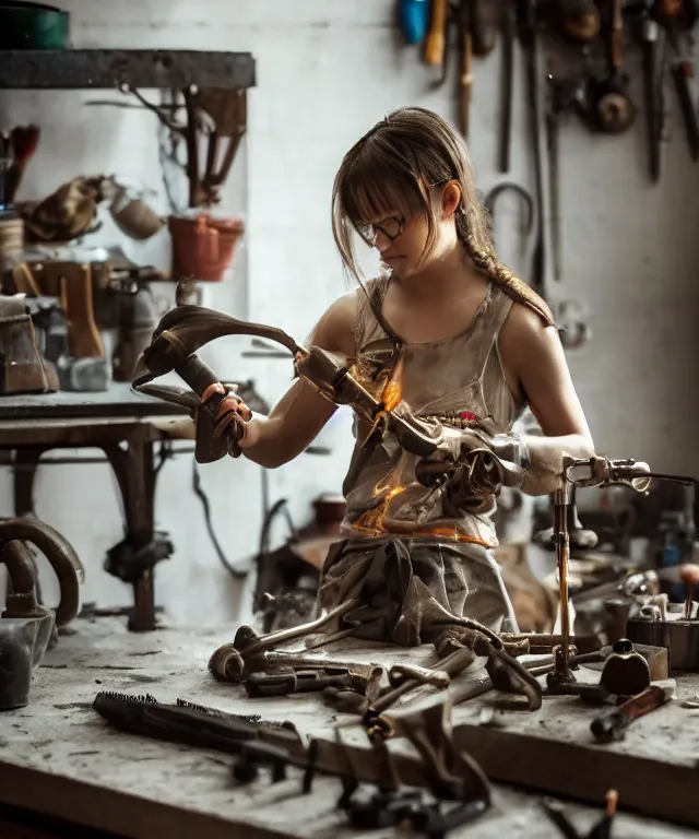 Image similar to A beautiful girl makes bronze gear on a workbench, 50mm photo, soft light, highly detailed, motion blur, trending on artstation