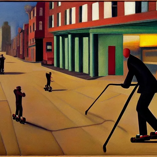 Image similar to spiders on rollerblades, grant wood, pj crook, edward hopper, oil on canvas