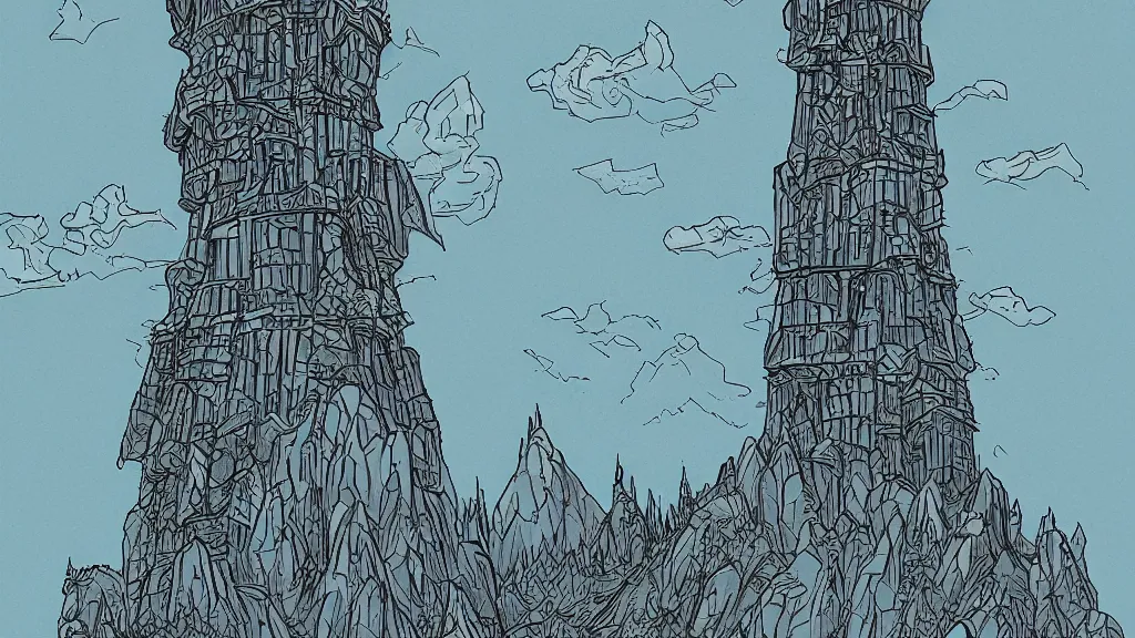 Image similar to wizard tower surrounded by mountains, lineart colored