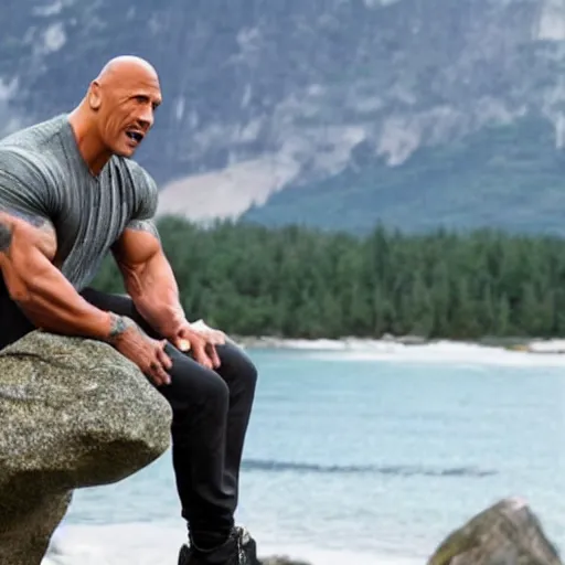 Image similar to dwayne johnson standing on a rock and singing in a rock concert