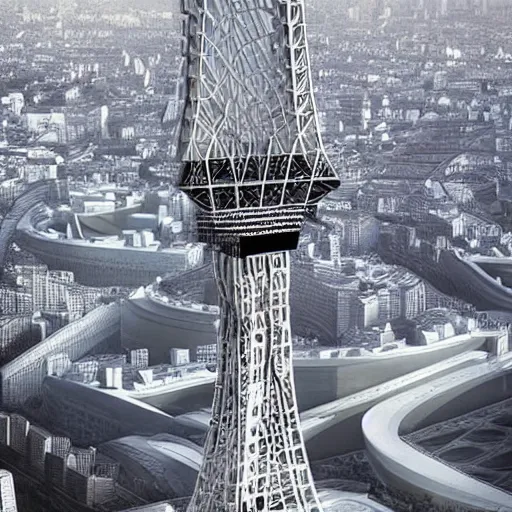 Image similar to alternative eiffel tower structure by architect zaha hadid