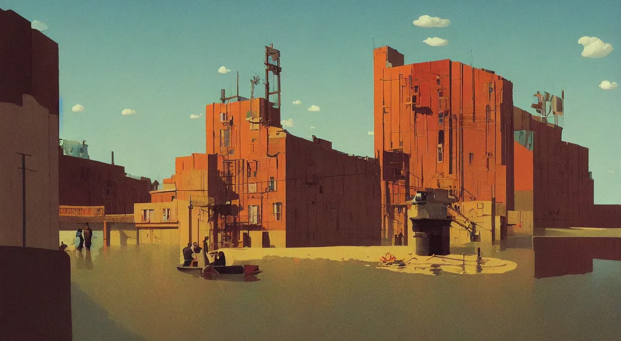Image similar to single flooded simple wooden meat! tower, very coherent and colorful high contrast!! masterpiece by rene magritte simon stalenhag carl spitzweg syd mead norman rockwell edward hopper james gilleard, minimalist, dark shadows, sunny day, hard lighting