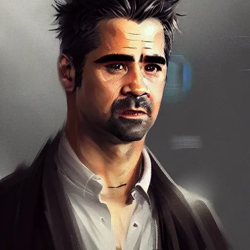 Image similar to “Portrait of Colin Farrell by Greg Rutkowski, young, attractive, highly detailed portrait, scifi, digital painting, artstation, concept art, smooth, sharp foccus ilustration, Artstation HQ”