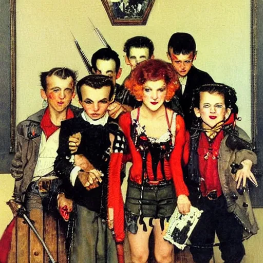 Prompt: Group portrait of a small punk vampire gang. Painting by Norman Rockwell.