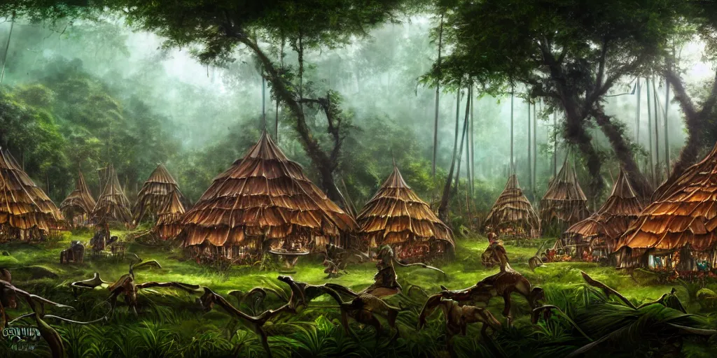 Prompt: a clearing in the jungle reveals a chrome village full of merchant tents and mushroom huts, matte oil painting, science fantasy, retrofuturistic, biblical, rpg, queer, pride, epic, extremely detailed, sharp focus, 4 k