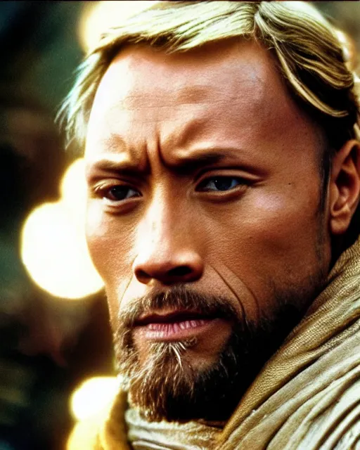 Image similar to Film still close-up shot of Dwayne Johnson as Obi-Wan Kenobi from the movie Return of the Jedi. Photographic, photography