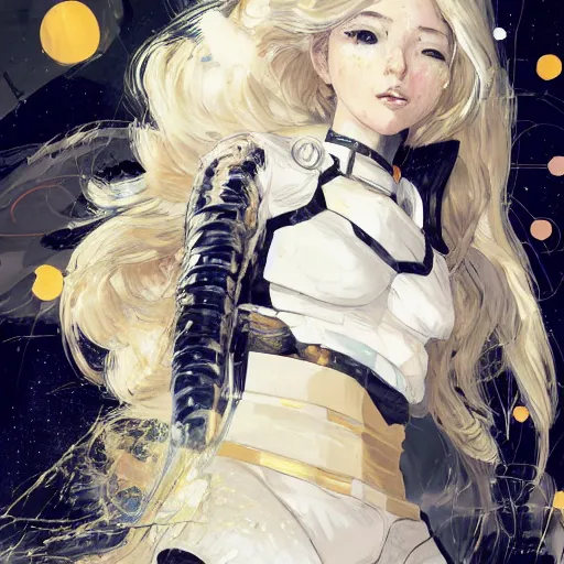Prompt: highly detailed portrait of a haughty young astronaut lady with a wavy blonde hair, by Dustin Nguyen, Akihiko Yoshida, Greg Tocchini, Greg Rutkowski, Cliff Chiang, 4k resolution, nightclub dancing inspired, nier:automata inspired, rave inspired, vibrant but dreary gold, silver, opal, black and white color scheme!!! ((Space nebula nightlife background))