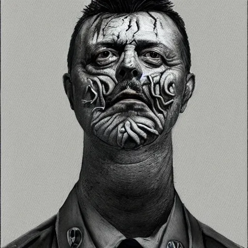 Image similar to Portrait of Igor Ivanovich Strelkov while he is calling for war mobilization, photo-realistic, 2K, highly detailed, bodyhorror by H.R.Giger, tends to have fractal structure