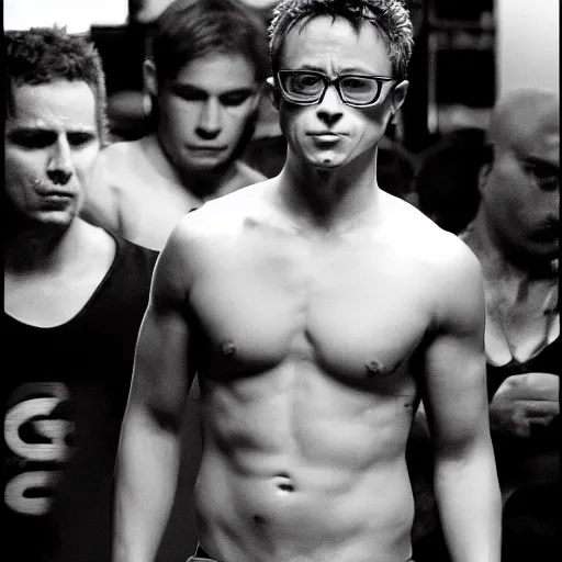 Prompt: B&W outtake from Fight Club where Tyler eats a choco taco