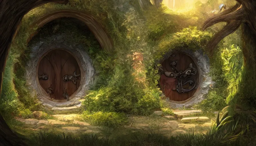 Image similar to concept art of a beautiful hobbit - hole, digital art, trending on artstation