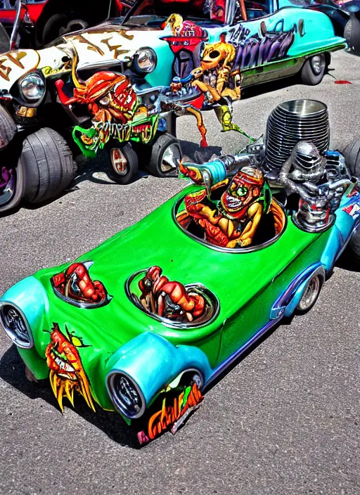 Image similar to rat fink driving his hot rod by ed big daddy roth