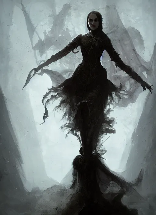 Image similar to hyper realistic photo of baroque dark goth queen ethereal ghost full body, rule of thirds, cinematic, greg rutkowski, brom, james gurney, mignola, craig mullins, artstation, cgsociety