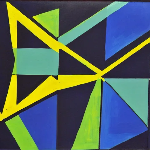 Image similar to painting, rectangle and triangle shapes, in blue, in yellow, in green, divided by black lines