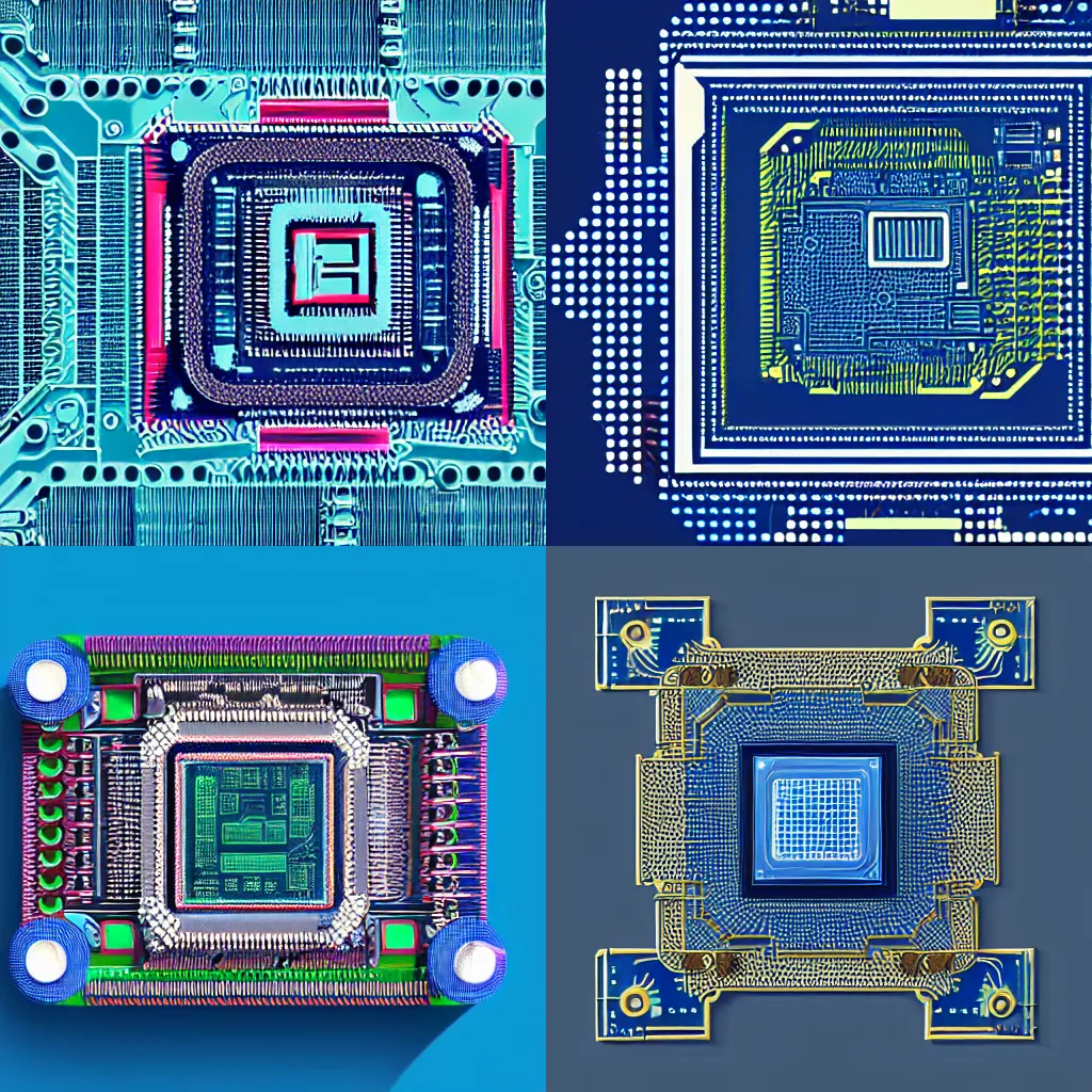 Prompt: highly detailed and intricate technical illustration of a graphics processing unit chip, in a retro-futuristic style, set against a featureless deep blue background. Art by Toni Bratincevic, trending on artstation
