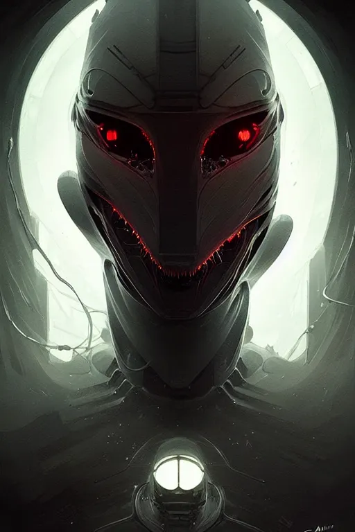 Image similar to professional concept art portrait of a ominous floating robotic terrifying!! species thing in a dark room by artgerm and greg rutkowski. an intricate, elegant, highly detailed digital painting, concept art, smooth, sharp focus, illustration, in the style of cam sykes.