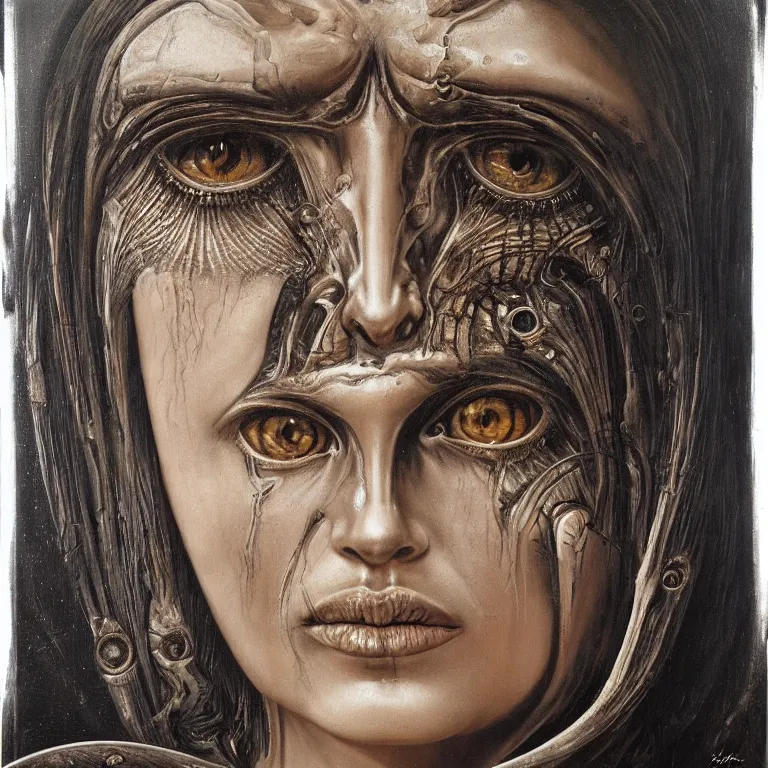 Prompt: symmetrical portrait of biomechanical moon goddess, flowing hair, intense stare, sweet smile, realistic oil painting by h. r giger,